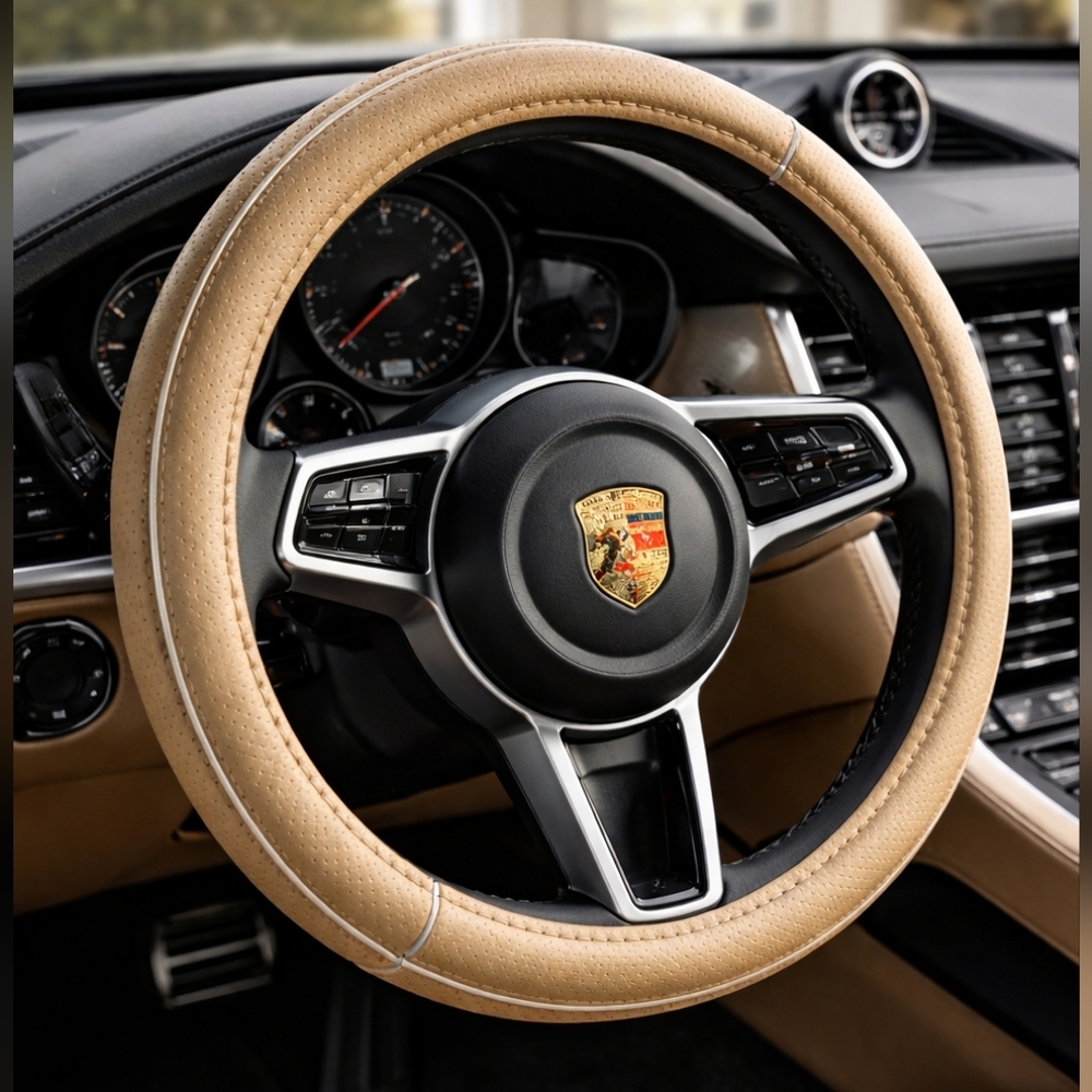 Luxury Faux Leather Steering Wheel Cover – Beige/Tan – Perforated Grip – Univers